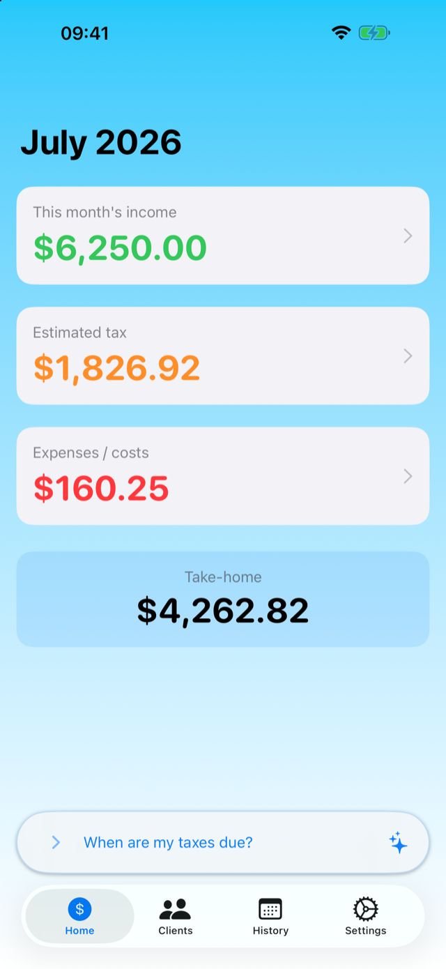 This Month dashboard: income, estimated tax, expenses, and take-home