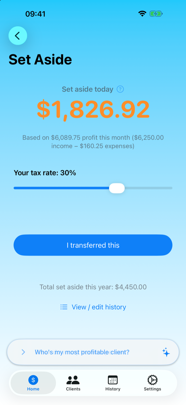 Set Aside screen with the amount to transfer and a tax-rate slider