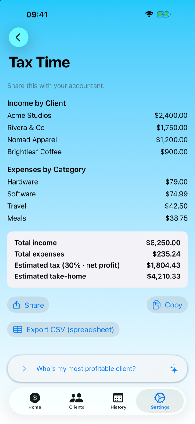 Tax Time summary by client and category with export options