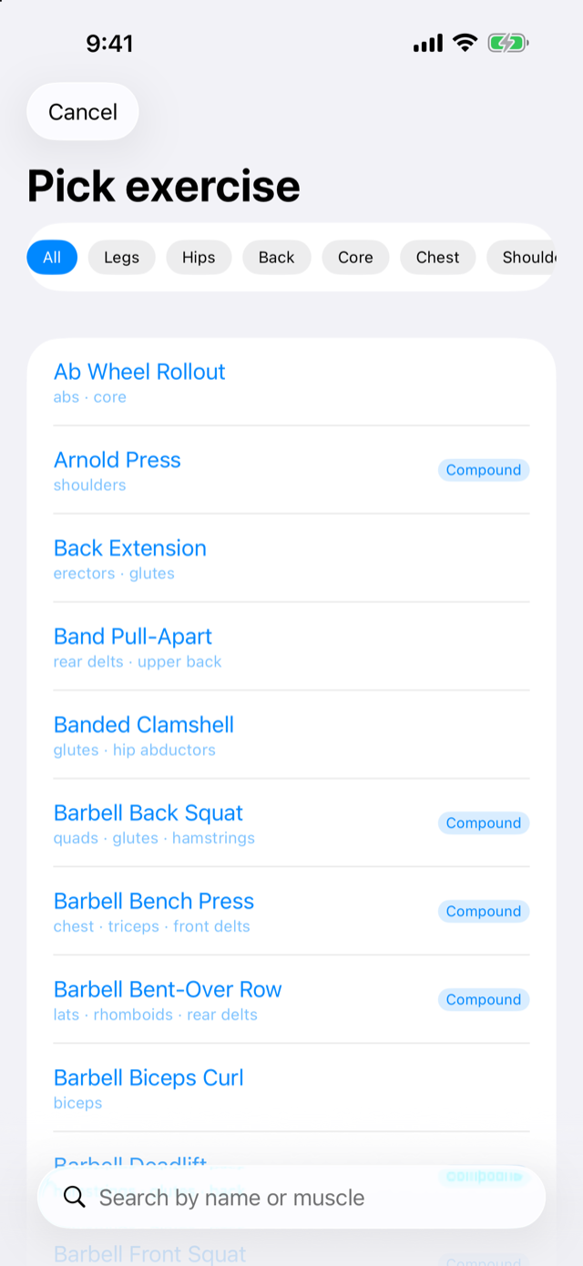 Exercise library organized by muscle group