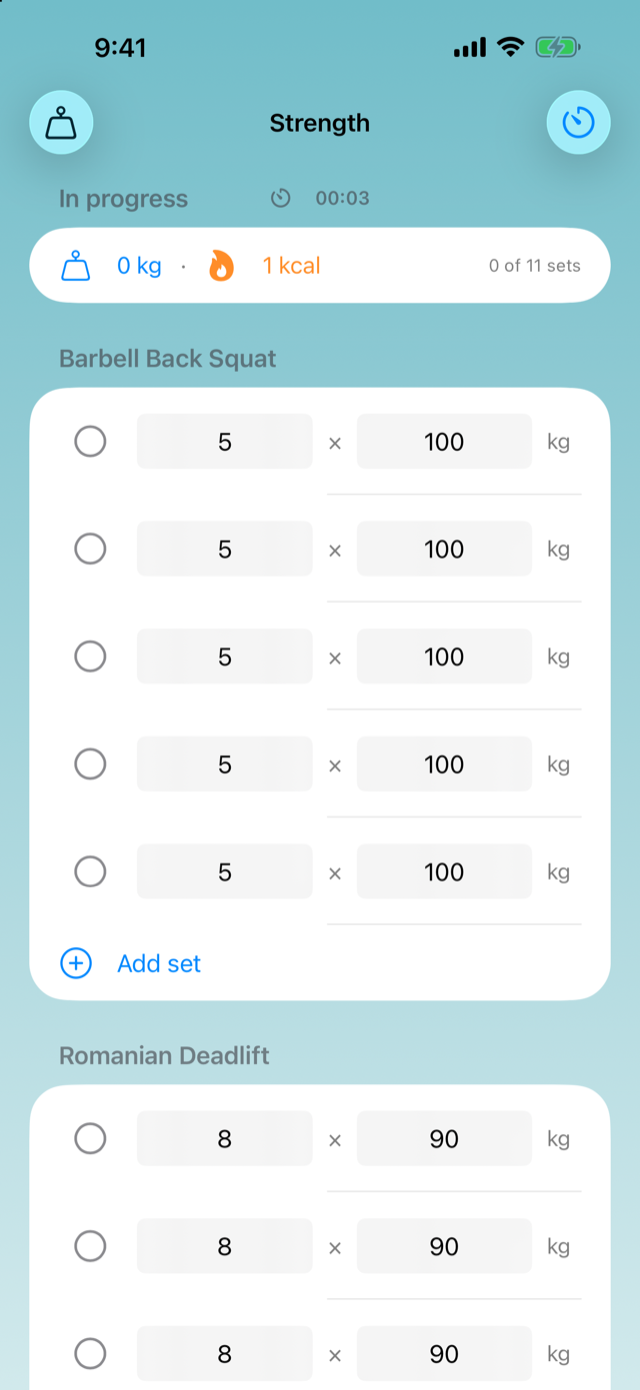 Logging a strength workout set by set