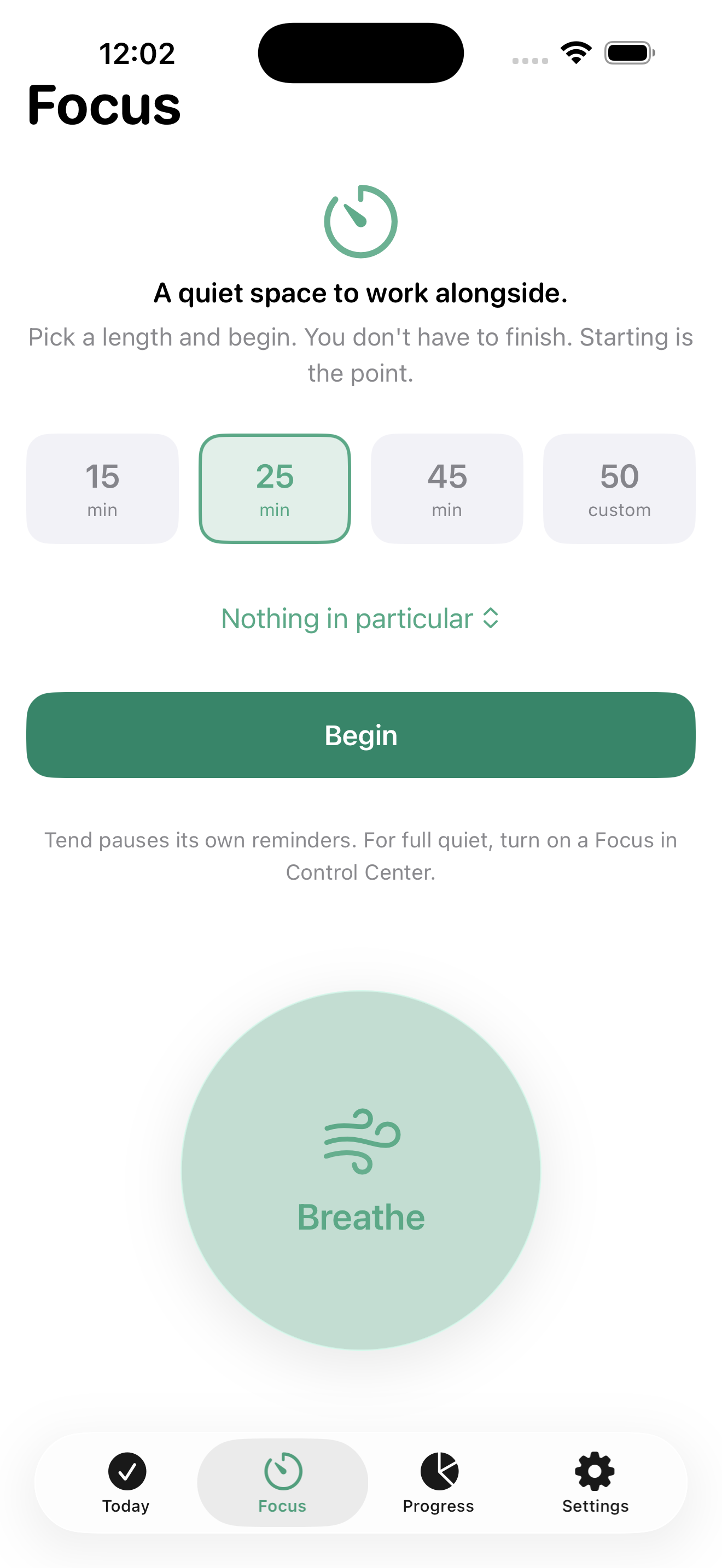 Focus screen with a calm countdown timer