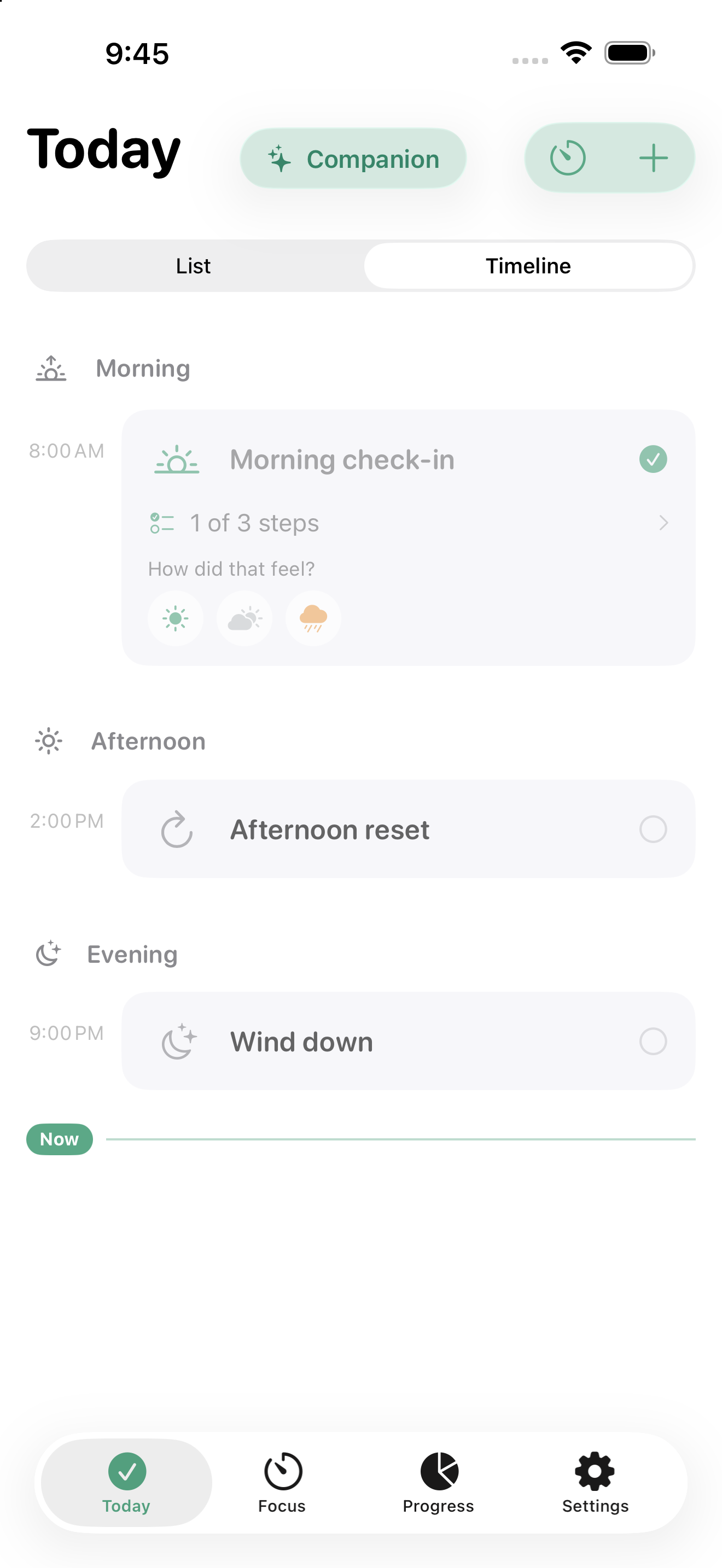 Tend's day timeline showing routines and a 'now' line