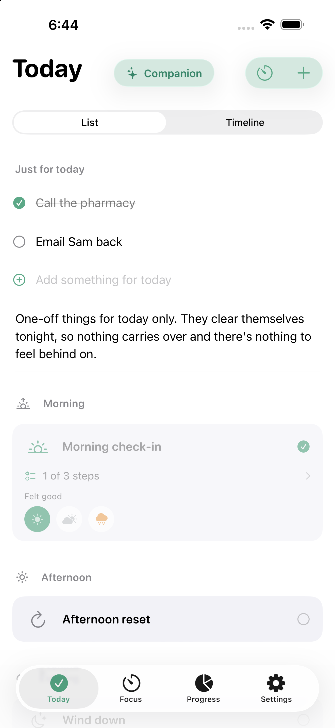 Today screen with a checked-in routine and a mood strip